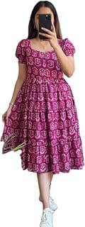 SAMOD Women's Puff Sleeve Midi Dress, Magenta Floral Print, Square Neck, Tiered Ruffle