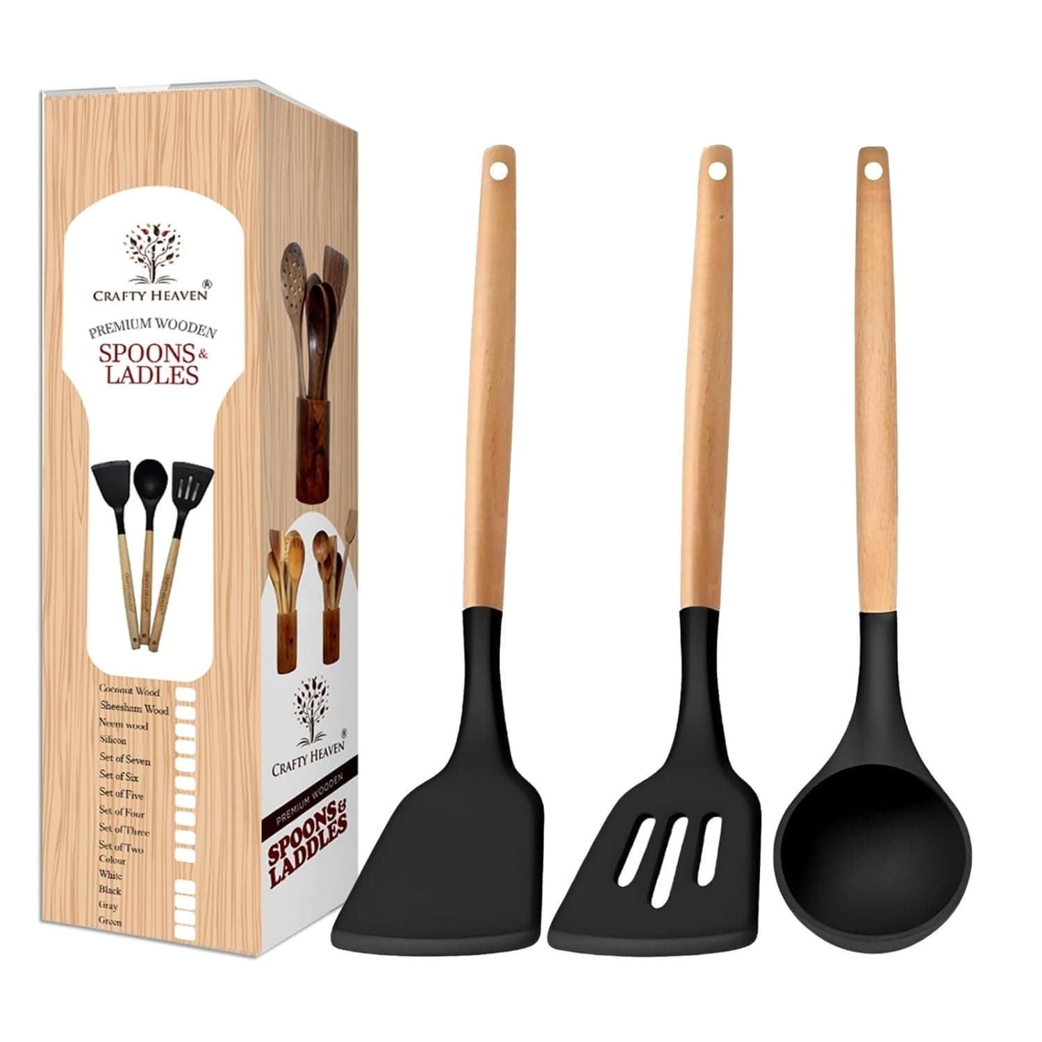 Crafty Heaven Silicone Spatula Set for Cooking | Kitchen Utensils | Non-Stick Safe Cooking Spoons | BPA Free | High Heat Resistant | Wooden Handle Ladles Turner Serving Spoon Set of 3 (Black)