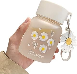 Cute Flower Glass Water Bottle with Lid & Daisy Keychain | Frosted Aesthetic Reusable Milk Juice Coffee Tumbler | Leak Proof Eco-Friendly Travel Cup for Girls & Women - 300ml