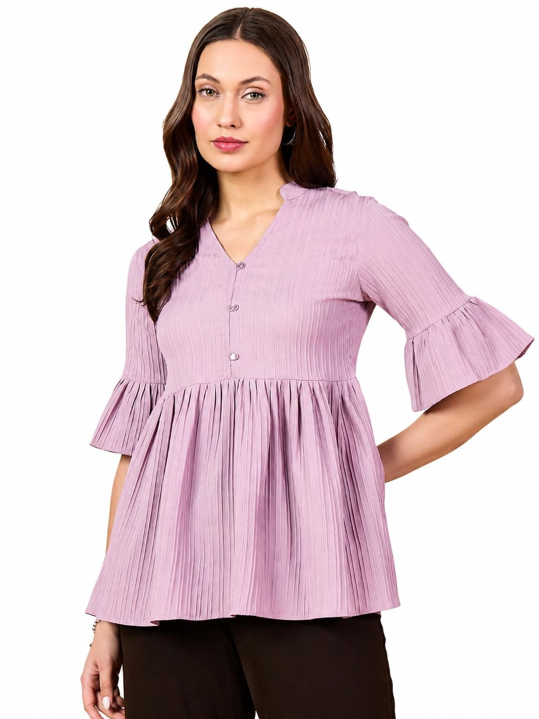 Amazon Brand - INKAST Women Textured Wrap Top with Puff Sleeves with Mandarin Collar |Straight Fit|Plain|Short Sleeve|Summer & Casual