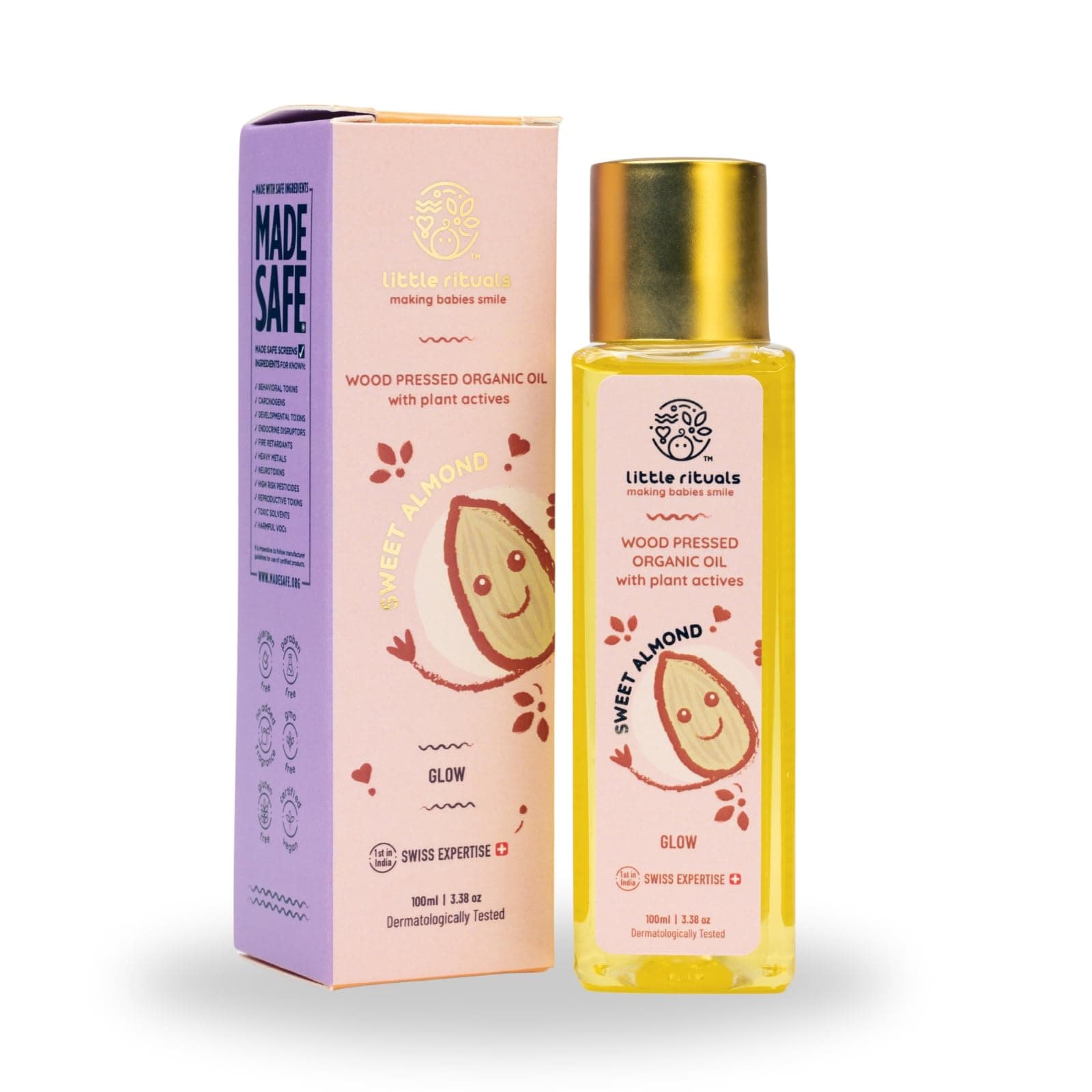 Little Rituals SWEET ALMOND (BADAM OIL) Baby Massage Oil and Hair oil, Cold Pressed and Certified ORGANIC with SWISS Plant Actives. Dermatologist Tested by Pediatrics, Mild & Gentle & Safe (100 ML)