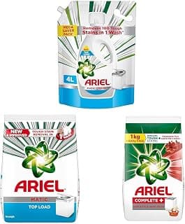 Ariel Detergent Top Load – Liquid 4L + Matic Powder 2kg + Ariel Complete 1kg + 500g Free – Removes 100 Stains, Long Fragrance, Fast Dissolving, For Semi-Auto & Bucket Wash