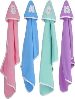 BRANDONN Fleece Supersoft Hooded Blanket Cum Wrapper for Babies (Pink, Blue, Green and Purple) - Pack of 4