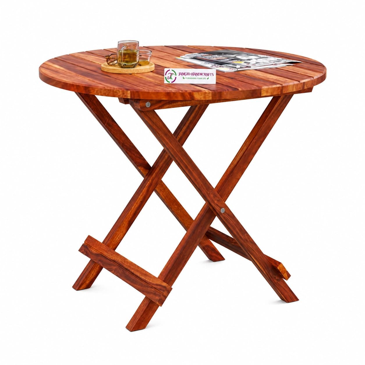 Jangid Handicraft Patio Folding/Foldable Coffee Table for Garden, Outdoor & Balcony, Round, Solid Wood Sheesham, Honey Finish