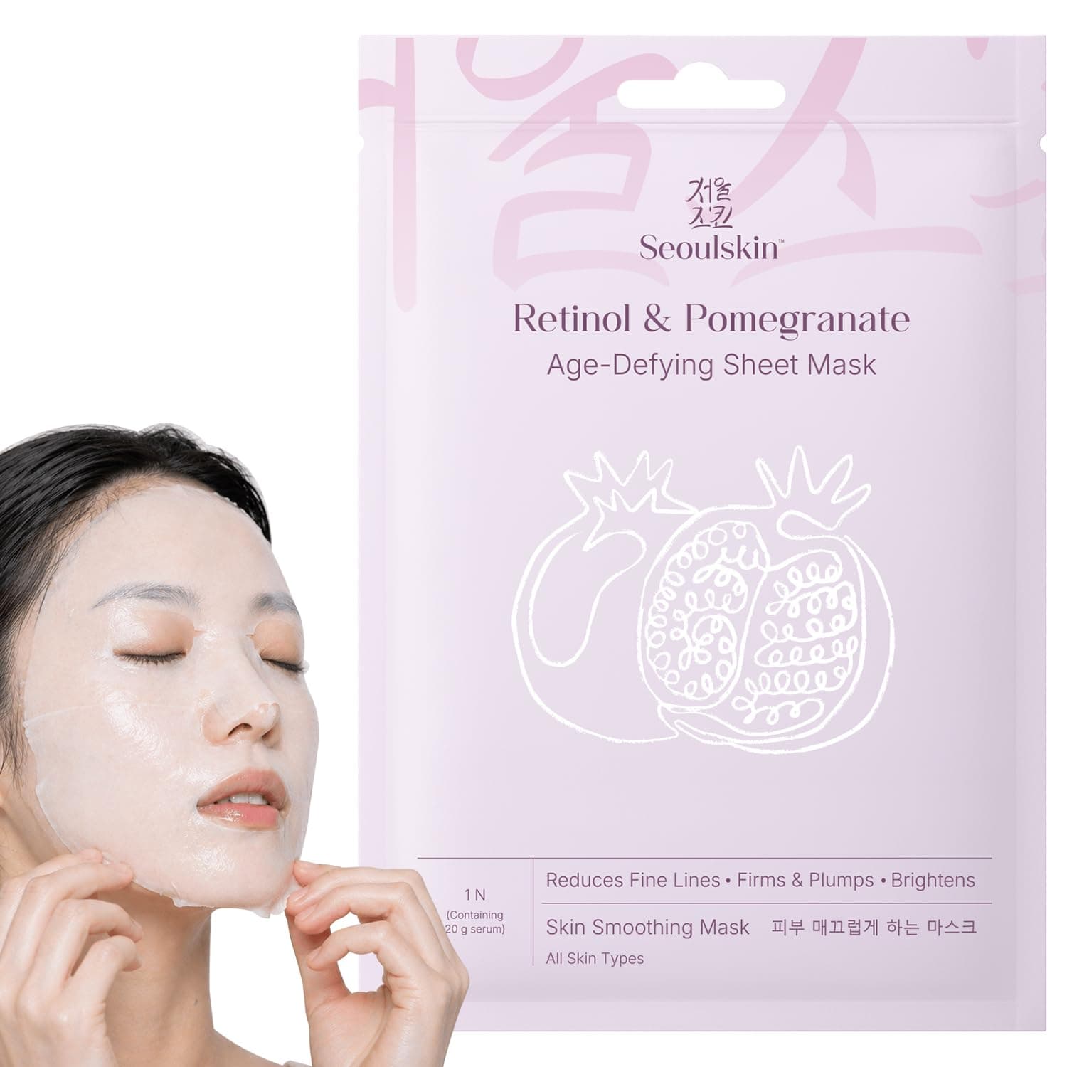 Seoulskin Retinol & Pomegranate Age-Defying Sheet Mask | Anti-Aging Face Mask Sheets for Hydration & Brightening | For All Skin Types, Women & Men | Korean Sheet Mask | Pack of 1 (with 20 g serum)