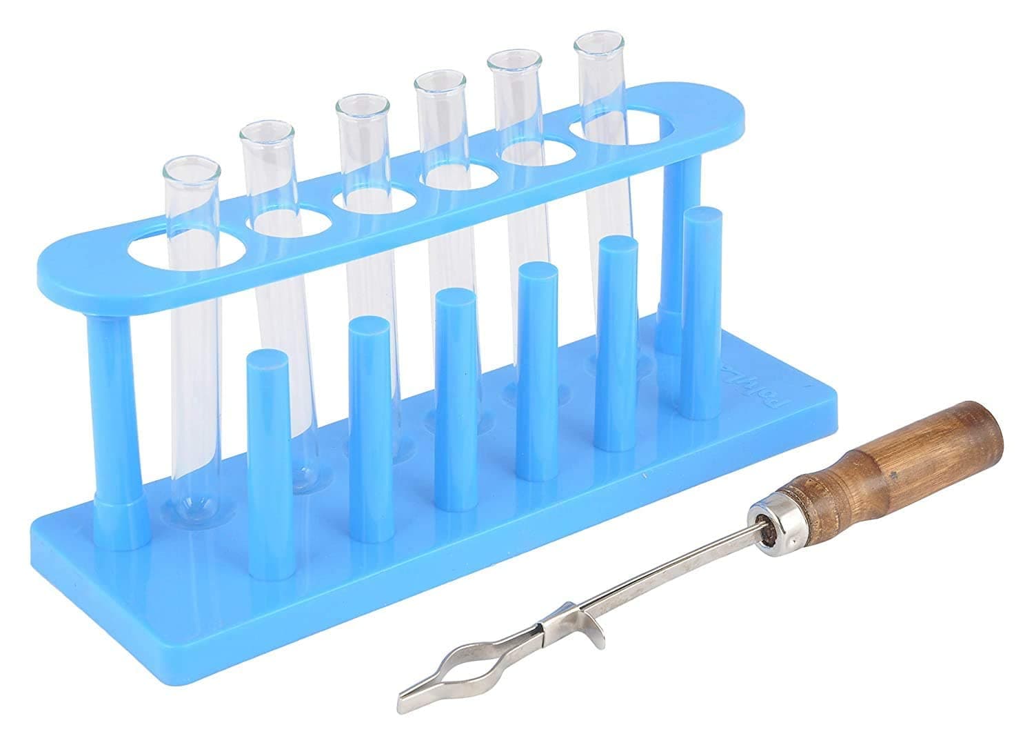 Gem Lab Small Test tubes 15ml (6 pcs) with Plastic Test Tube Stand and Borosilicate Glass with Rim and Wooden Handle Chromium Plated Test Tube Holder Combo of 8 Products