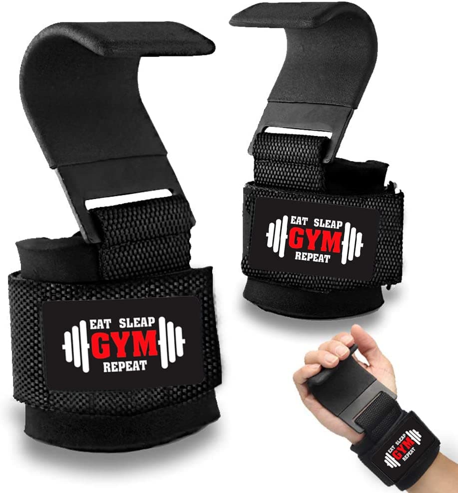 APRPDP Weight Lifting Hooks, Hand Grip Wrist Straps for Deadlift, Powerlifting, Pull up bar, Solid Steel, Thick Padded Neoprene, Set of 2 PC, Free Size (EAT Sleep Gym Repeat)