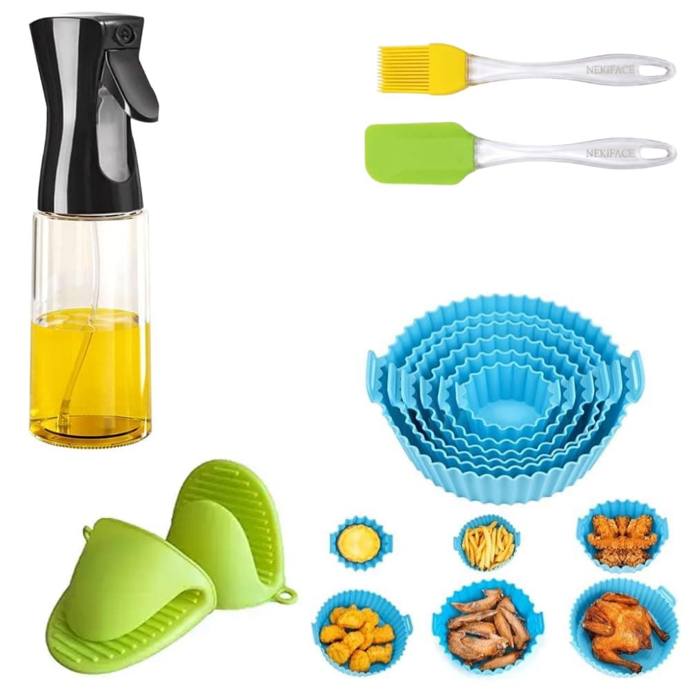 Air Fryer Accessories Set - Reusable Silicone Air Fryer Liners, Oil Sprayer for Cooking, Silicone Mitts, Basting Brush & Spatula - Non-Stick Food Grade Ninja, Cosori, & Vortex Compatible
