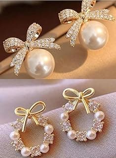 T TRENDY MART Korean Style Fashion Earrings Set, Pearl and Crystal Bow Design, Women's Jewellery Accessories, 2 Pairs