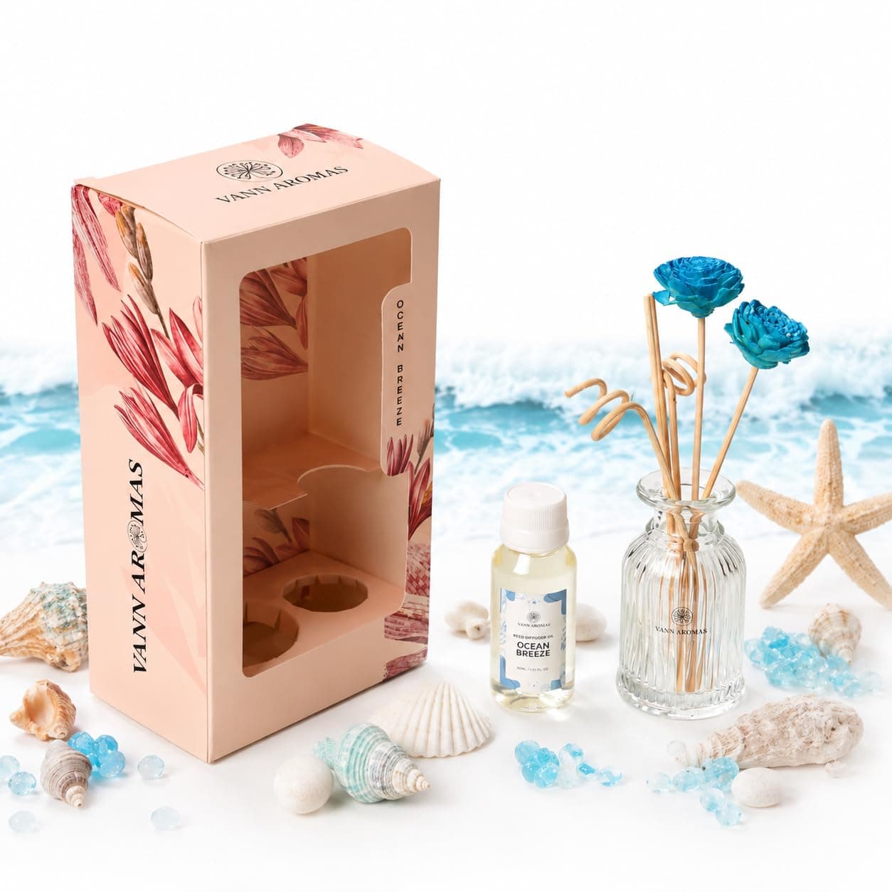 Vann Aromas 60 ML Reed Diffuser Set | Free 6 Ratan Reed Sticks | Stress Relief & Aromatherapy | Long-Lasting, Smoke-Free Air Freshener for Home, Bedroom & Office | Ideal for Gifting (Ocean Breeze)