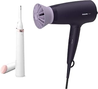 PHILIPS Hair Dryer BHD318/00 1600 Watts Thermoprotect AirFlower Advanced Ionic Care 3 Heat-Purple & Touch-Up HP6388 Eyebrows, Facial & Body Trimmer (White)