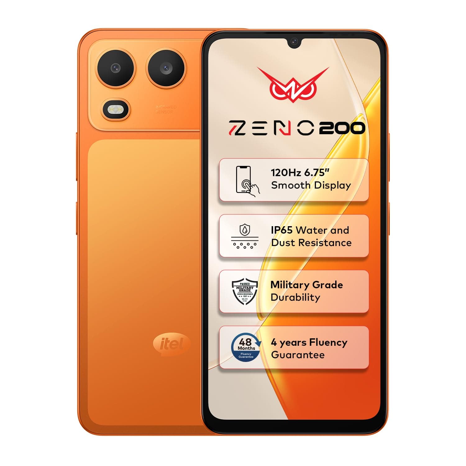Itel Zeno 200 (Comet Orange, 4 GB RAM, 128 GB Storage) | 6.75" HD+ Display | 120 Hz Refresh Rate | IP65 Dust & Water Resistance | 13 MP Camera | 5000 mAh Battery | Charger in Box