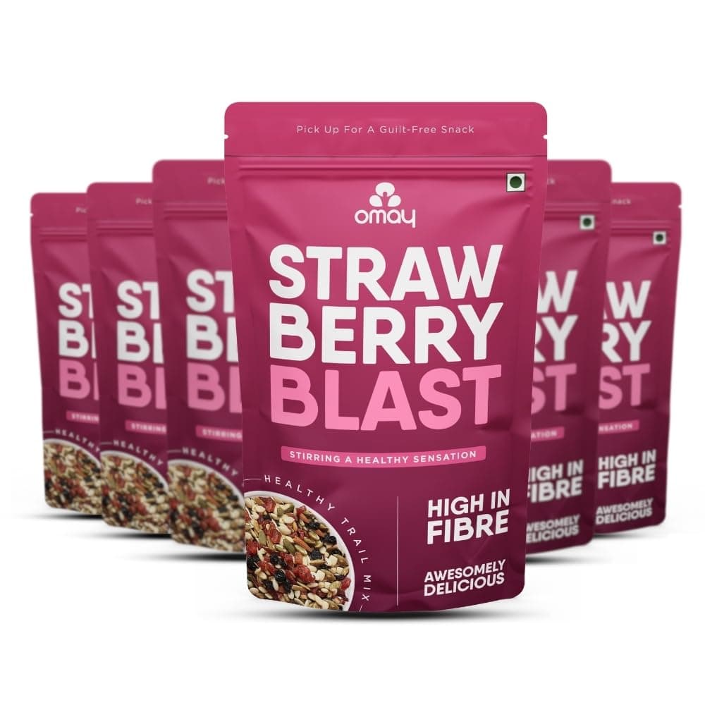 Omay Foods Strawberry Blast Trail Mix, 80g Pouch (Pack of 6) | Dried Strawberry and Black Currant | Roasted Almonds, Pumpkin and Watermelon Seeds | Antioxidant Rich | Healthy Snack | Seeds and Berries Mix