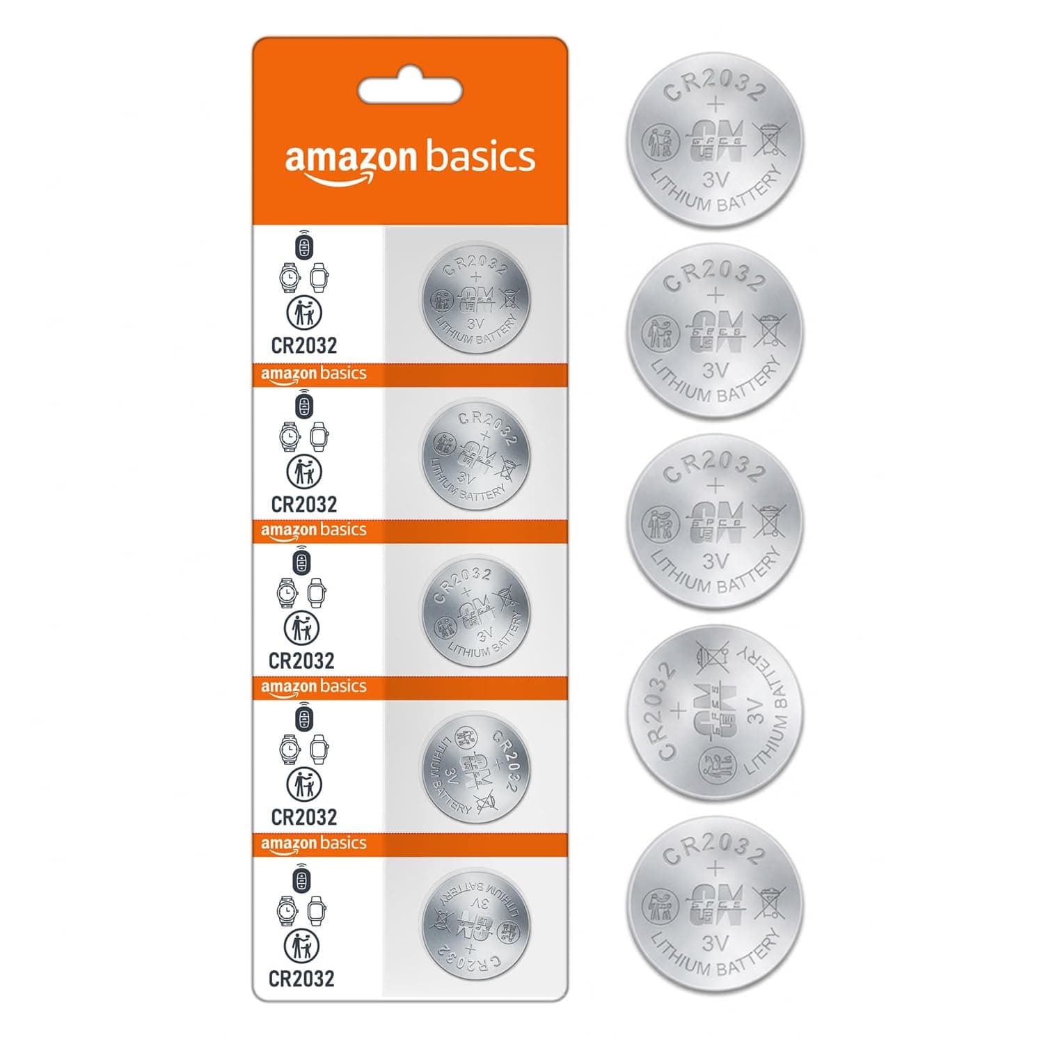 Amazon Basics Long-Lasting CR2032 Lithium Coin Batteries | 3V Voltage | Versatile Applications (Pack of 5)