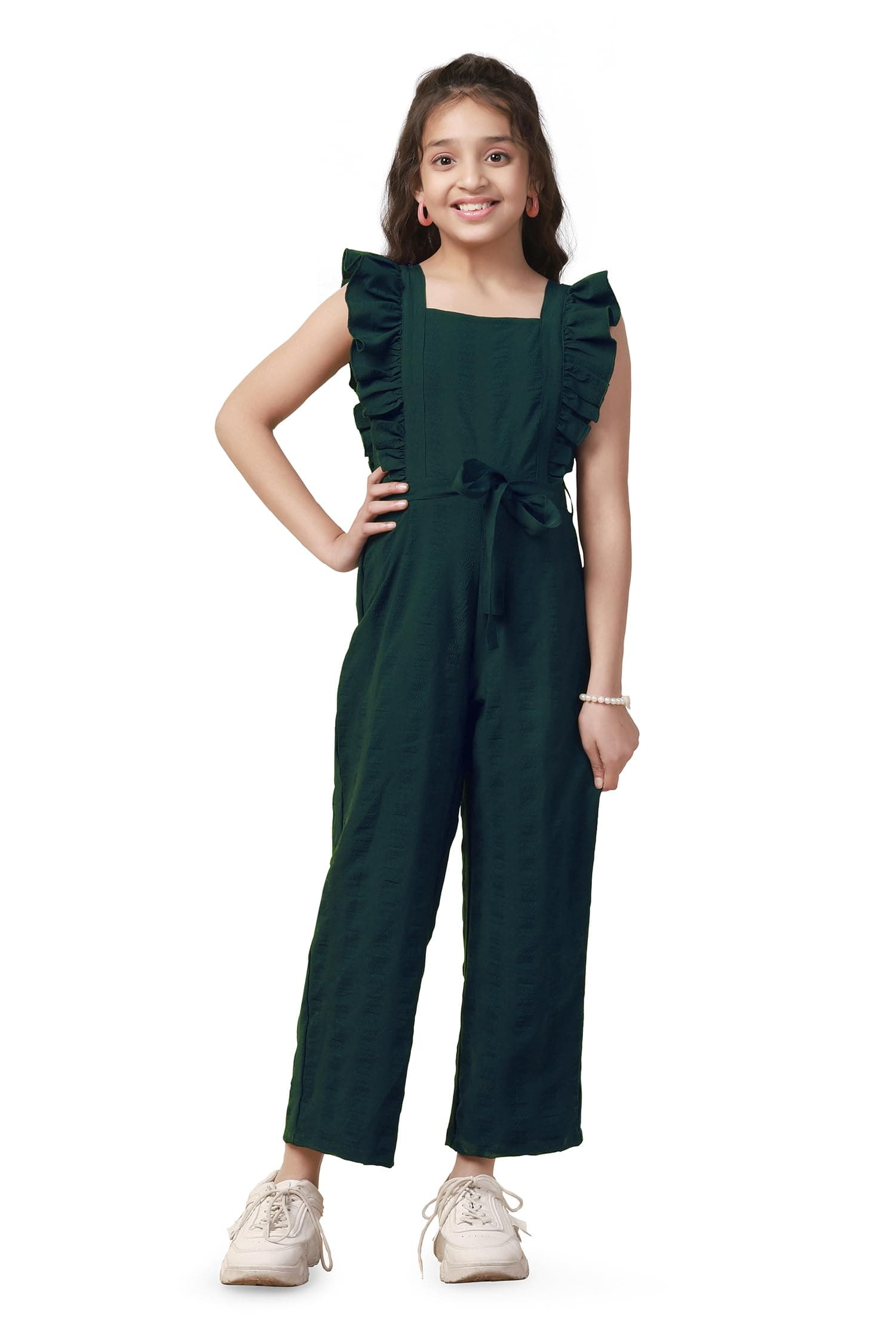 Jwalin Girl's Ankle Length Solid Jumpsuit |Jumpsuit for Girl's (JWGJMP00083 GRN 40_Green_13-14 Yrs)