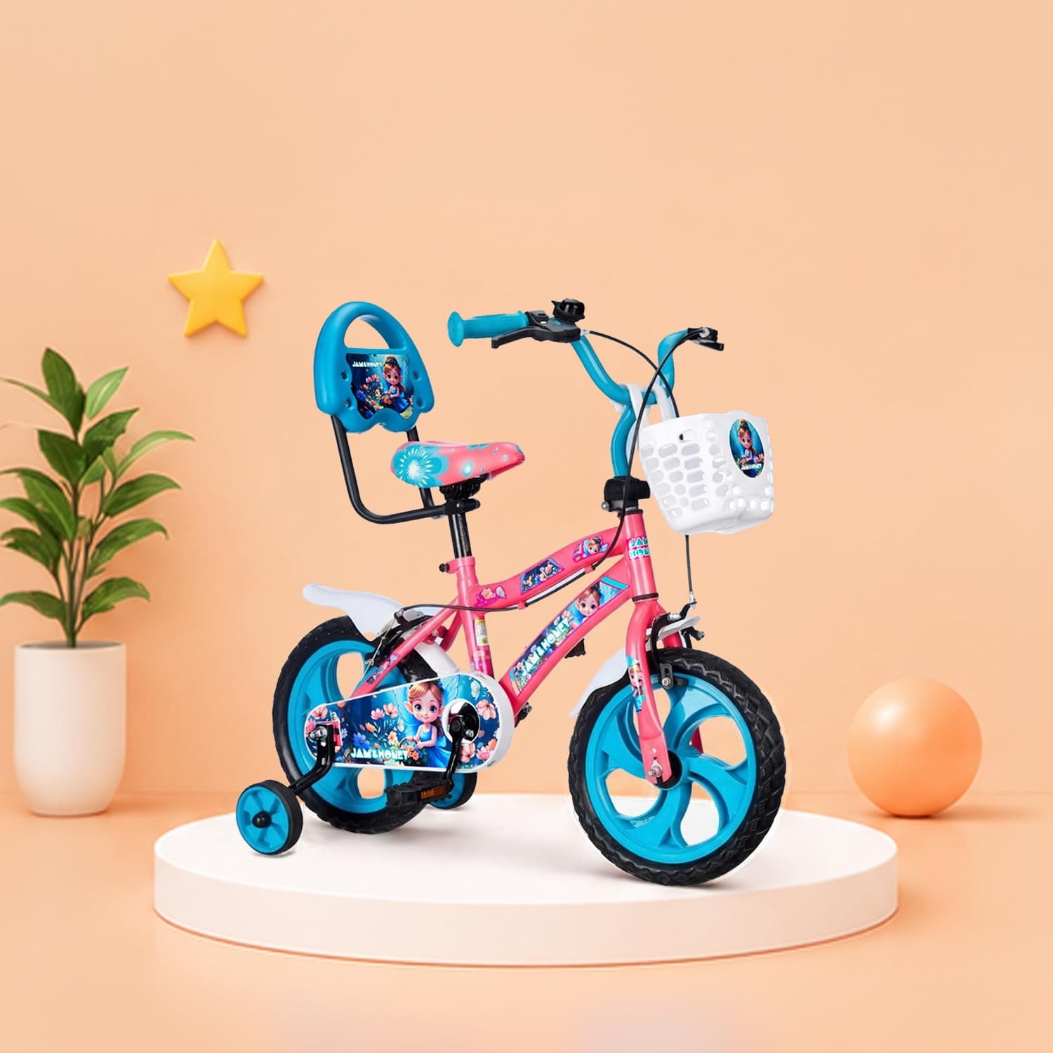 Amazon Brand – Jam & Honey 14T Bicycle for Kids | Sturdy Steel Frame | EVA Tyres | Adjustable Seat & Handlebar | Training Wheels | Front Storage Basket | Pink | for Ages 5+ Years