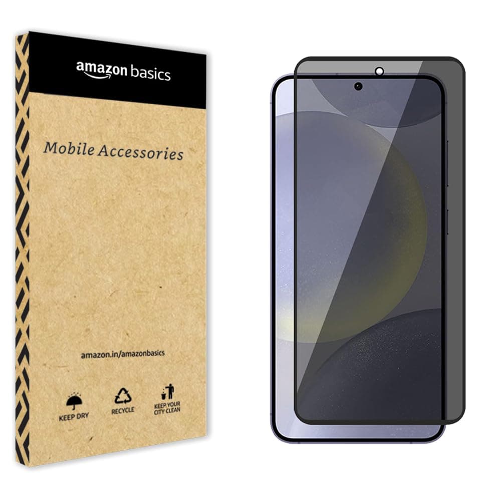 amazon basics Edge to Edge Privacy Tempered Glass for Samsung Galaxy S25 5G with Easy Self Installation Kit | Black [Fingerprint Unlock Compatible]