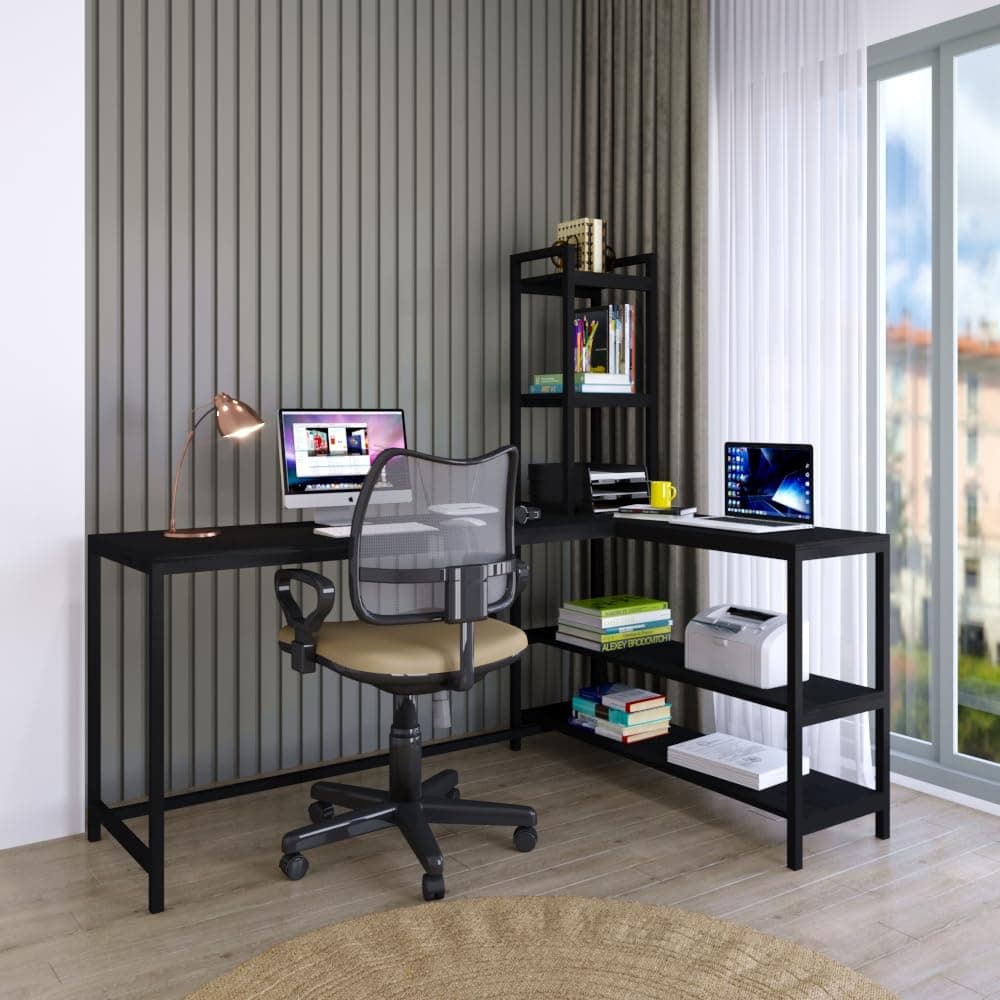 Klaxon L Shaped Study Table for Students and Adults, Corner Computer Desk with Tower Shelf, Home Office and Gaming, Engineered Wood and Metal, 162.5 x 112.5 cm, with Installation (English Black Ins)