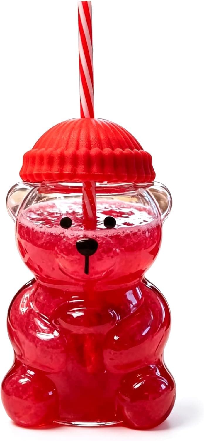 DHVSAM New Black Bear Straw Cup 600ML Cute Bear Glass Tumbler with Reusable Straw - Viral Animal Design for Smoothies, Boba & Iced Coffee (Red, 600 ml, Glass)