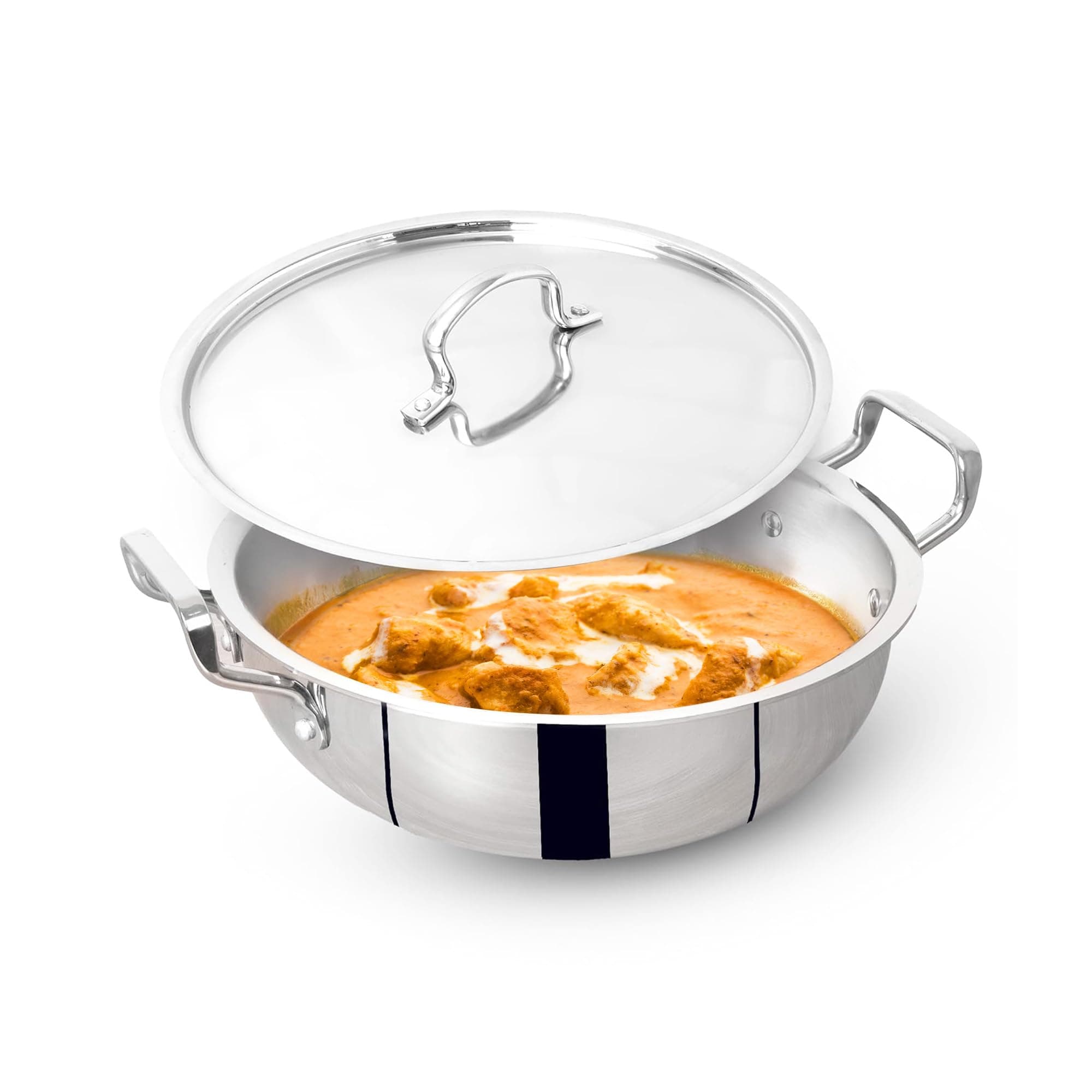 The Indus Valley Triply Stainless Steel Deep Kadai/Kadhai 2.6 LTR with Stainless Steel Lid | 22 cm/ 8.66 inch,1.64kg | Induction Friendly | Nonstick 3-Layer Body, 100% Pure & Toxin-Free
