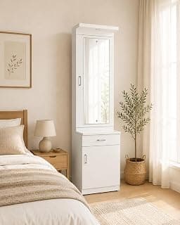 Dressing Table with Storage, Pre-Assembled Furniture with Mirror Storage Dressing Table with Light| 4 Shelves, 1 Drawer Wooden Vanity Dressing Table for Bedroom with Cabinet-2601