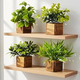 DecoreBugs Artificial Greenery Leaves in Wooden Pot (Pack of 4) – Mini Potted Fake Eucalyptus Plants for Home Décor, Office Desk, Tabletop, Shelf Decoration, Indoor Decorative Plants