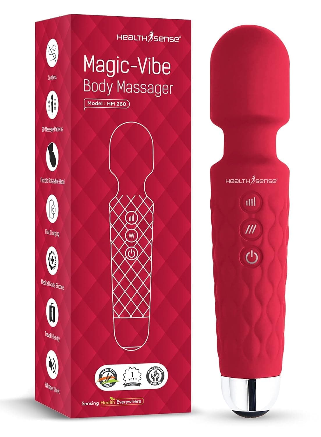 HealthSense Cordless Full Body Massager Machine for Pain Relief, Handheld Back Massage Machine with Medical Grade Silicone, Fast Charging, 8 Speeds, 20 Modes & 1 Year Warranty | Magic Vibe HM260