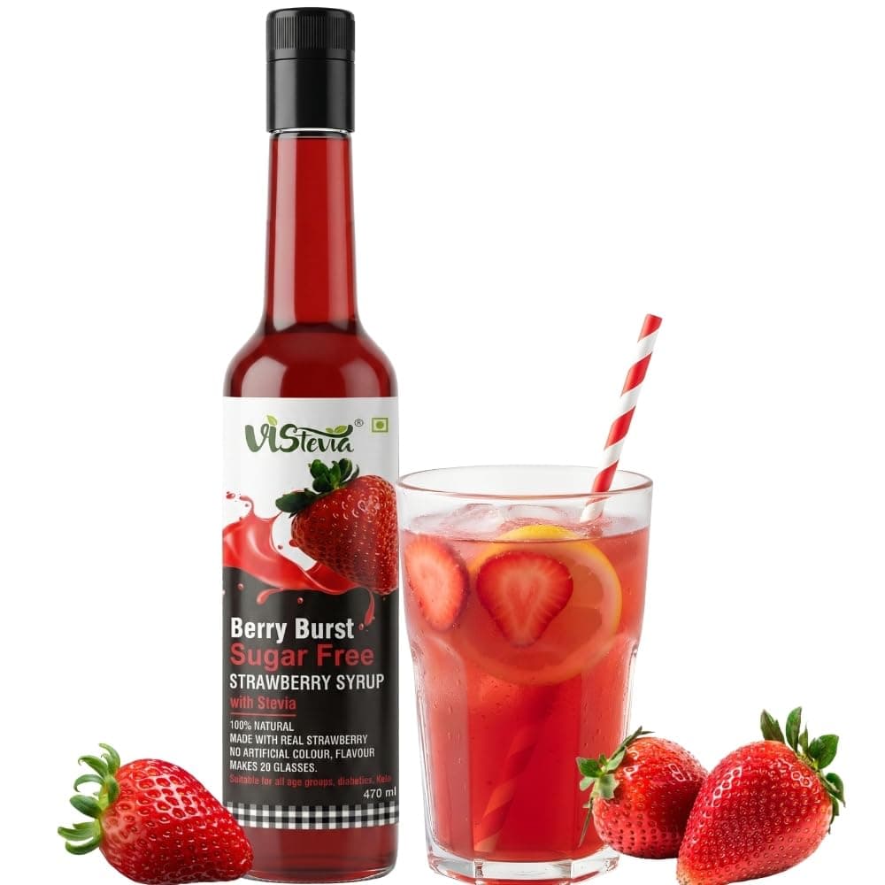 Sugar Free Berry Burst Summer Syrup - By Vistevia - Diabetic And Keto Friendly - Sweetened Naturally With Stevia, Made With Real Strawberries Not Flavour And Colour - Pack Of 1 (470ML) Serves 15-20 Glasses