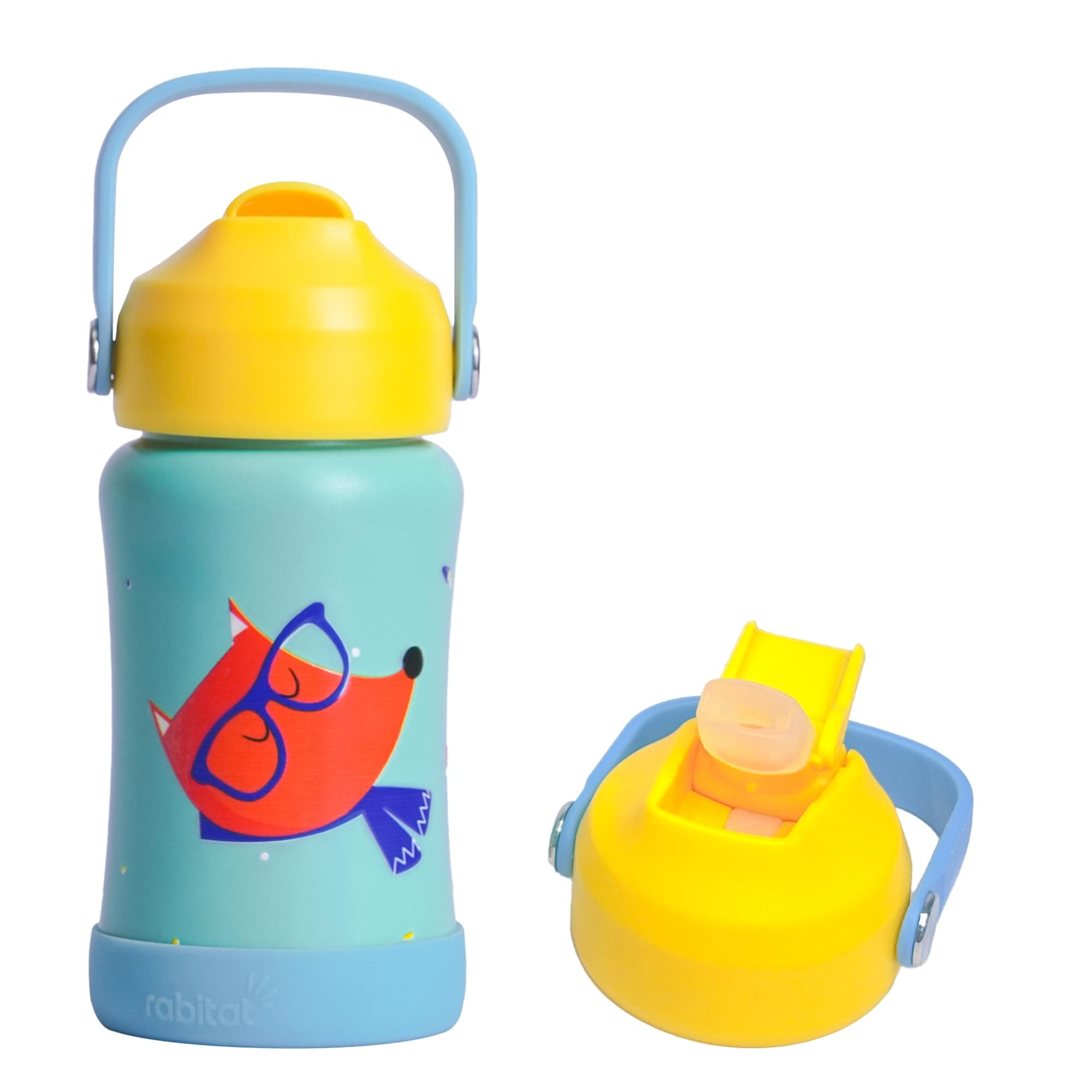 rabitat Steel Play Kids Water Bottle 450ml | 2 Year Warranty | Leakproof Sipper for School | Soft Silicone Spout, Flip-Lock Cap & Easy-Carry Handle | BPA-Free 18/8 Stainless Steel | Young wild & Free
