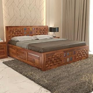 Sheesham Wood King Size Bed with Storage Box | Wooden Box Bed King Size Double Cot Bed with Storage for Bedroom | Premium Niwar Tile Design Headboard Bed for Hotel, Home | Honey Finish