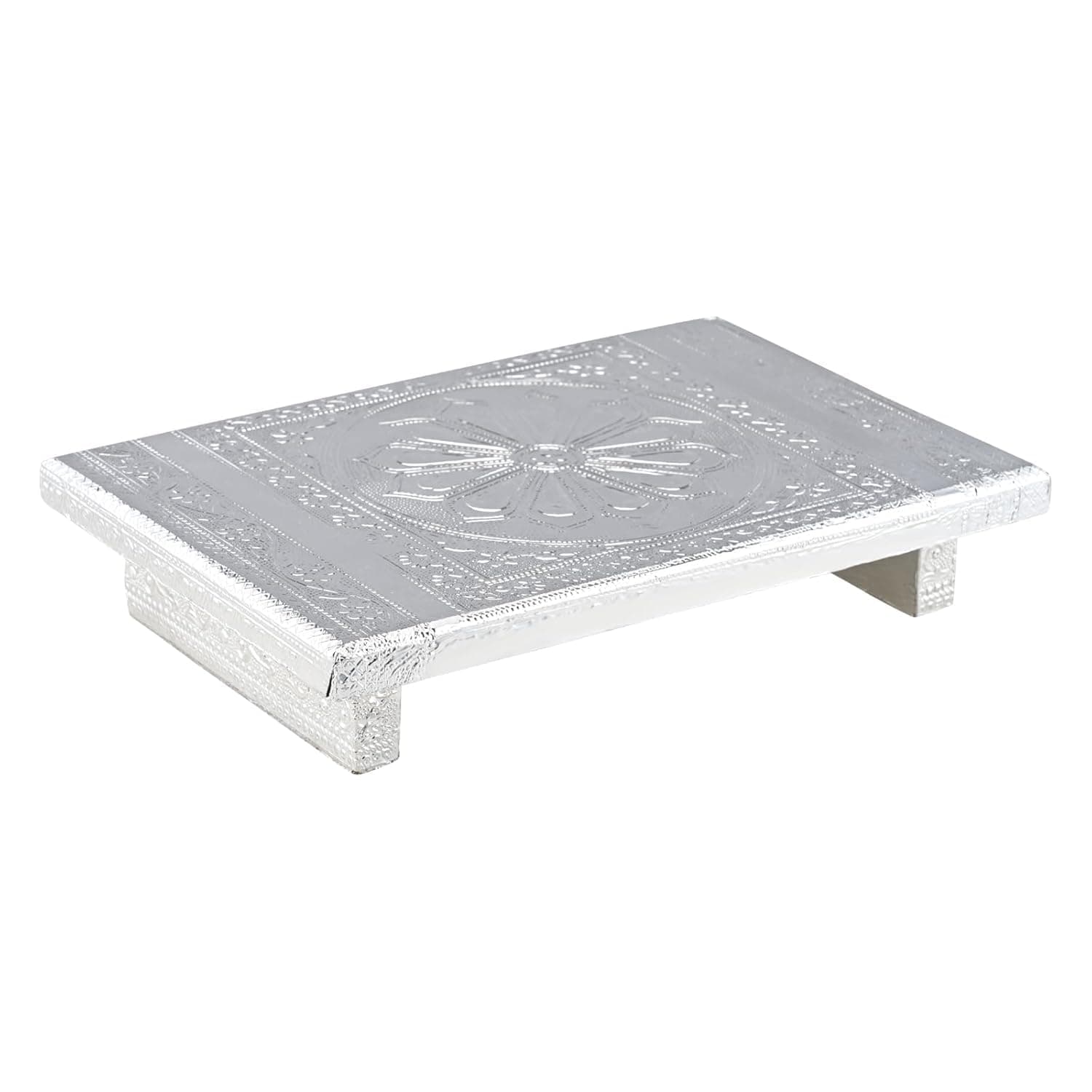 Suhanika Crafters Silver Pooja Chowki Bajot 8x12 inch | Decorative Wooden Chaurang Patla for Mandir, Traditional Puja Asan Platform for God Idol, Temple Chowki for Ganpati Lakshmi