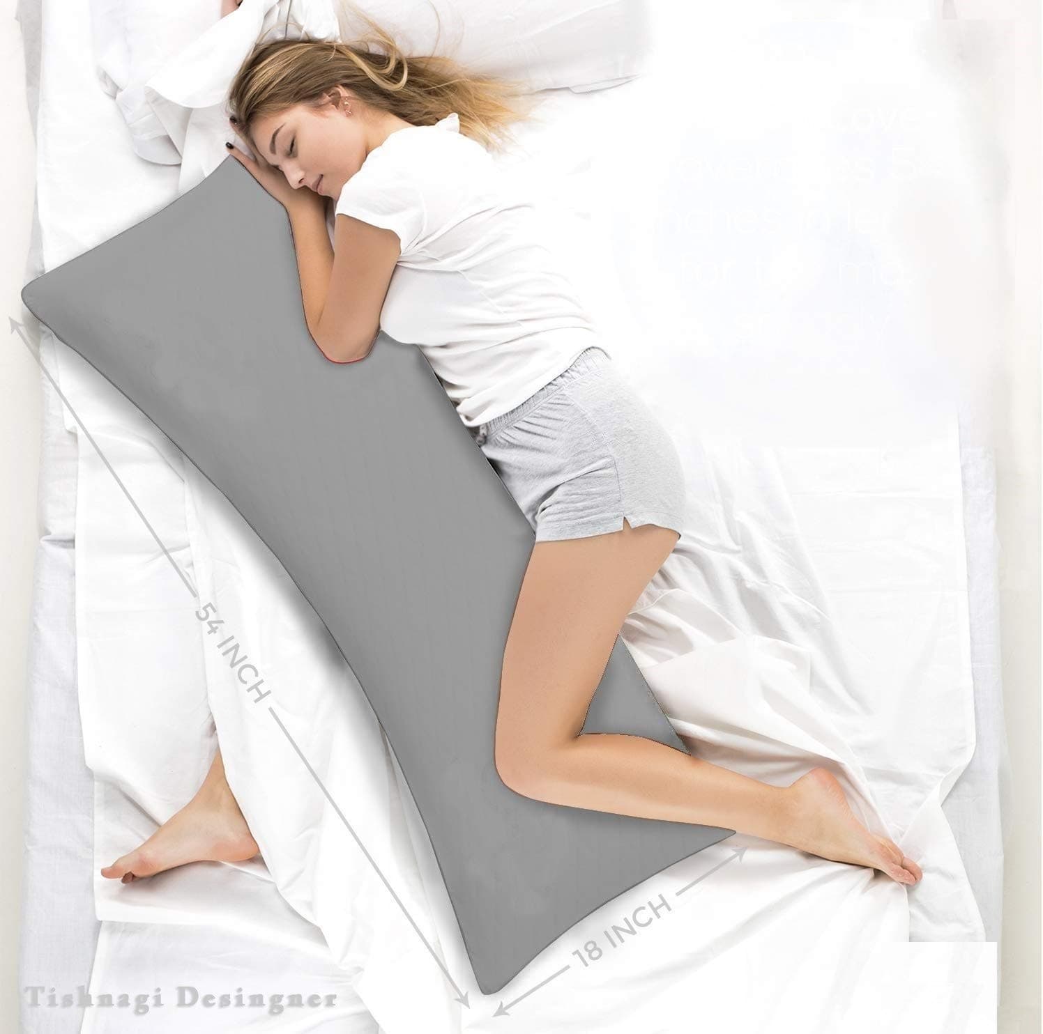 Tishnagi Designer Microfiber Body Pillow with Grey Cover, 18 x 54 Inches | Side Sleeper, Hug, Cuddle, Pregnancy Support, Natural Cotton Removable Cover, Single Pack
