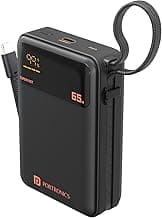 Portronics 65W Ignis 65 20000mAh Fast Charging Powerbank with in-Built Type C Cable for Android Smartphones, iPhones, ipads, Tablets & Macbooks, Type C PD Port, LED Display, Strong Lanyard (Black)