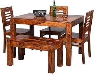 Jangid Handicraft Solid Sheesham Wood 4 Seater Dining Table Set with 1 Bench & 3 Chairs | Heavy Duty Wooden Dining Set for Home | Space Saving, Durable Build | Honey Finish