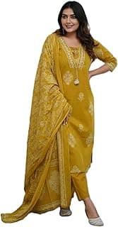 PARTHVI |Women's Pure Cotton Printed with Handwork Kurta with Pants and Dupatta Set | Ethnic Set | Suit Set | Kurta Set | Wedding Suit Set