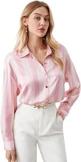 IndoPrimo Women's Satin Shirt with Long Sleeves Western Style Spread Collar Neck Relaxed Fit Stripe Printed Pattern and Standard Length