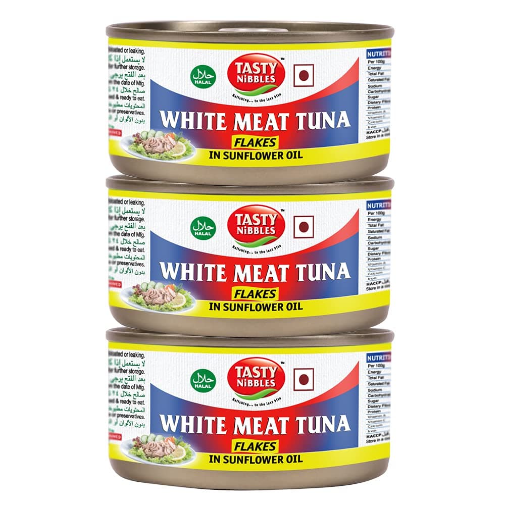 Tasty Nibbles White Meat Tuna Flakes in Sunflower Oil 185g X 3 (Pack of 3, 555g) | Canned Tuna Fish| Ready to Eat | No Added Preservative | Ideal for Salads, Sandwiches & Healthy Meals | Balanced Nutrition, Heart Healthy