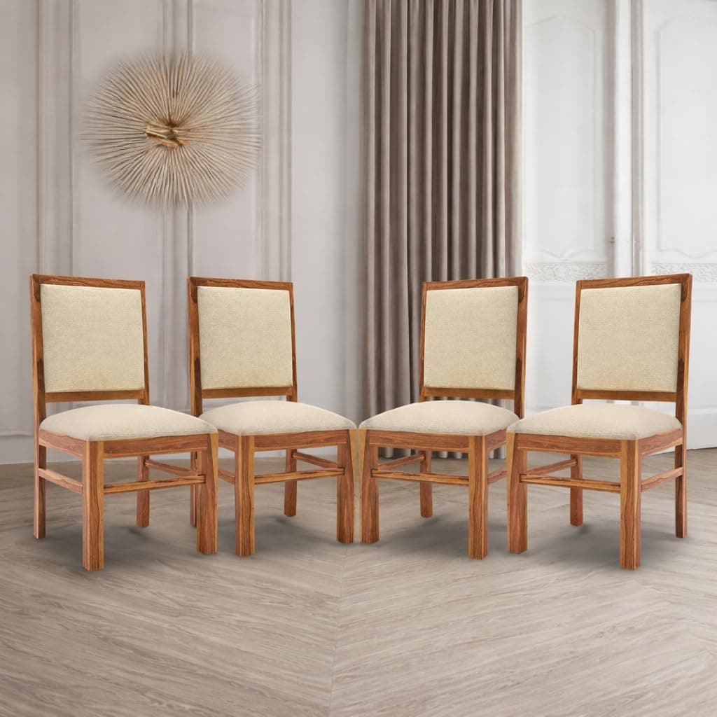 VK Furniture Sheesham Wooden Dining Chair Set of 4 for Home & Restaurant | Solid Wood Dining & Study Chair for Living Room Office|Upholstered Luxury Soft Cushioned Seat with Backrest Natural Honey