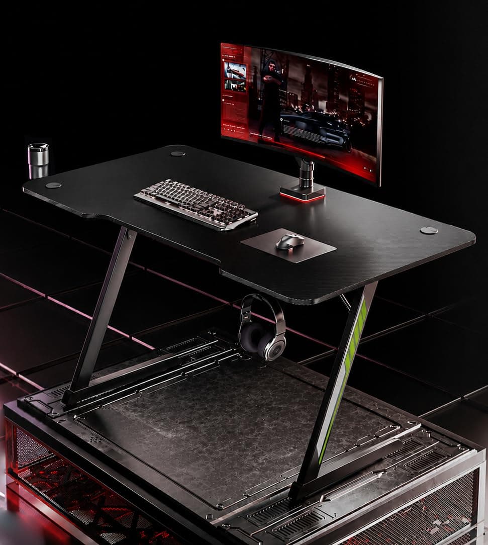 JIN OFFICE Premium Gaming Desk Z-Shaped Legs | Computer Table with Carbon Fibre Top| 75 kg Wt. Cap | Headphone Hook & Cup Holder| 1 Year Warranty (1200 * 600 * 750mm)