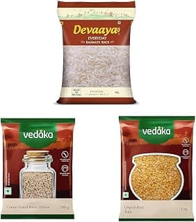 Devaaya Everyday basmati Rice, 5Kg || Amazon Brand - Vedaka Whole Jeera (Cumin), 200g || Amazon Brand - Vedaka Popular Unpolished Toor Dal | 1 Kg Pack |