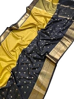 Generic Aura Silk Saree, Navy Blue and Yellow, Zari Border with Gold Motifs, Traditional Indian Ethnic Wear
