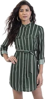 FabAlley Women's Georgette Green Striped Belted Shirt Dress Mini (DRS03581 S)