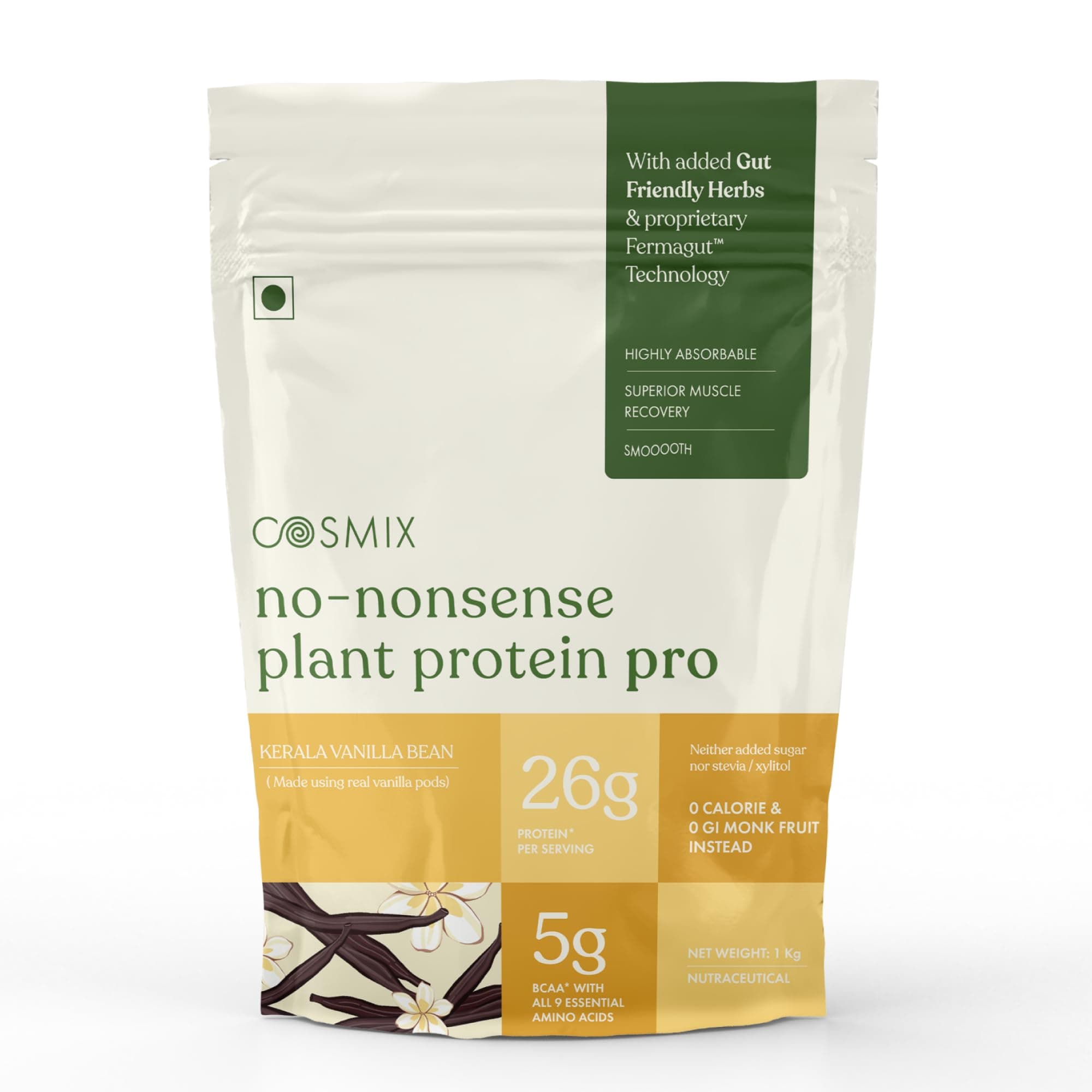 Cosmix No-Nonsense Plant Protein PRO 26g Protein | Yeast Protein & Pea Protein Blend | Kerala Vanilla Bean, 1Kg Pouch x 1 | Clean, Easy to Digest