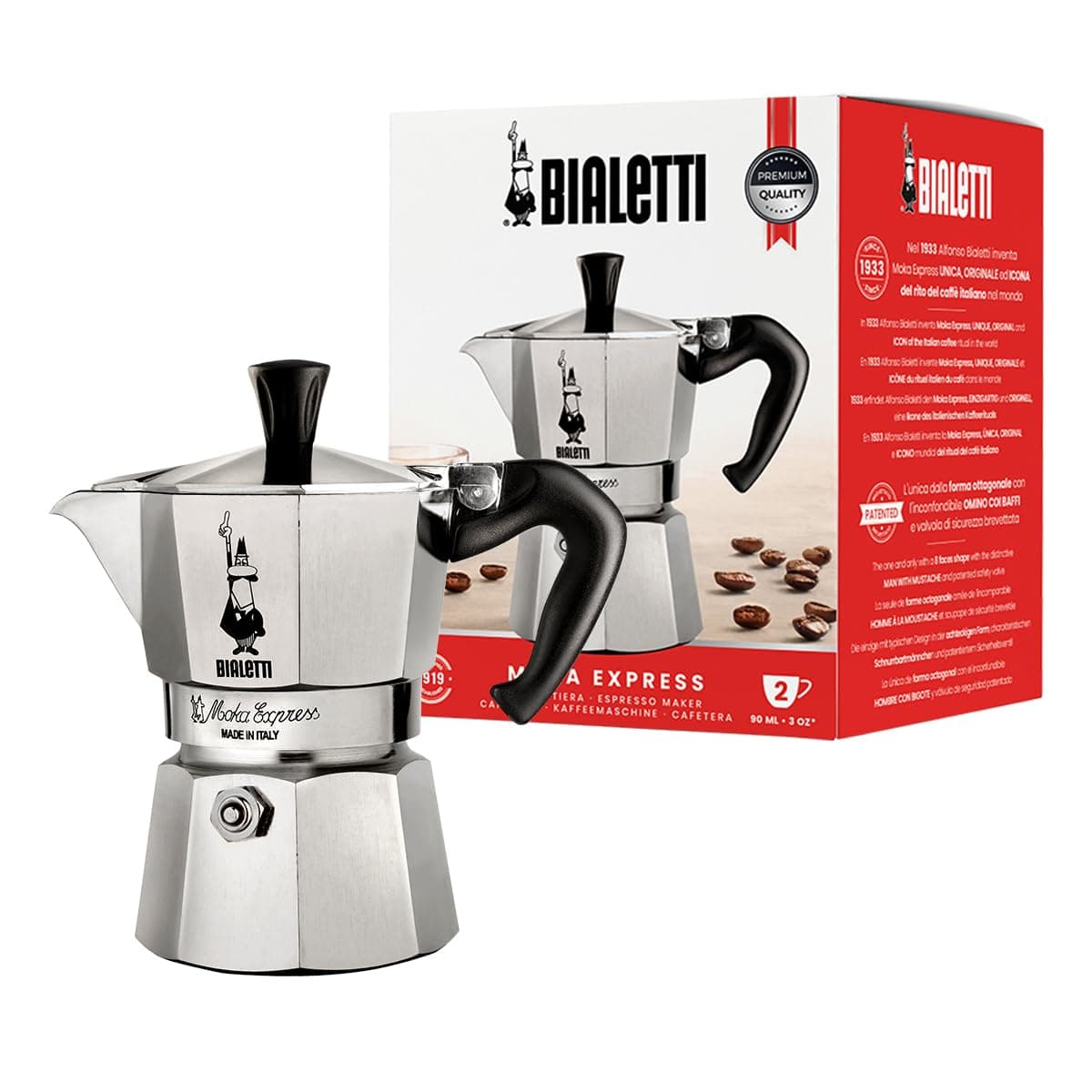 Bialetti Moka Express Iconic Italian Stovetop Espresso Maker, Italian Made; Moka Pot/Percolator/Coffee Maker/Mocha Pot for an Authentic Italian Coffee (Silver, 2 Cup)