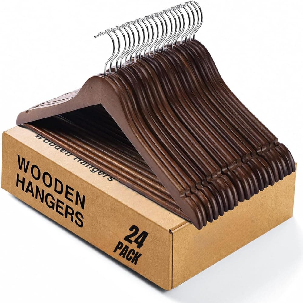 STAR WORK Cherry Wooden Wardrobe Storage Suit Hangers - Premium Wood with Notches & Chrome Swivel Hook for Dress Clothes, Coats, Jackets, Pants, Shirts, Skirts (24)