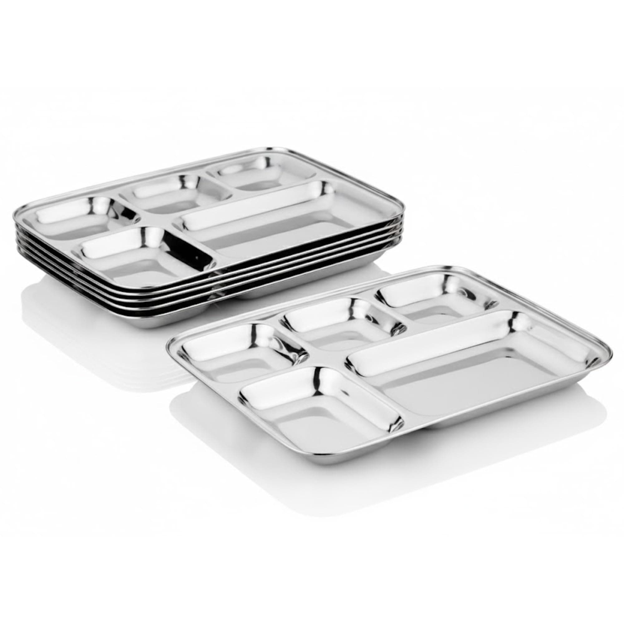 Vinod Stainless Steel Square Design 5 Compartment Plate | Rectangle Steel Thali | Lunch/Dinner Partition Plate | 100% Food-Grade, Rust-Resistant & Dishwasher Safe | Set of 6