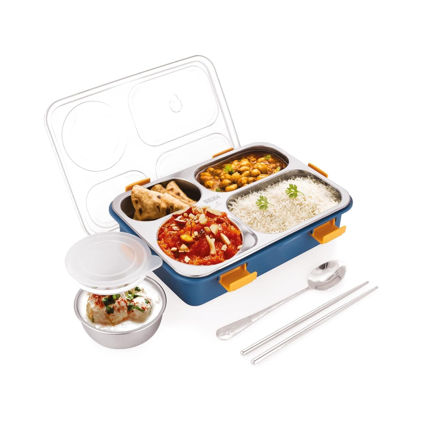 Cleanfly Stainless Steel Lunch Box for Kids, Mealholder Having 3 Compartments for Women and Men, Tiffin Box Features Heating Insulation and Breathable Design (750 ml, Blue) (CL-4 in 1 Tiffin Box)