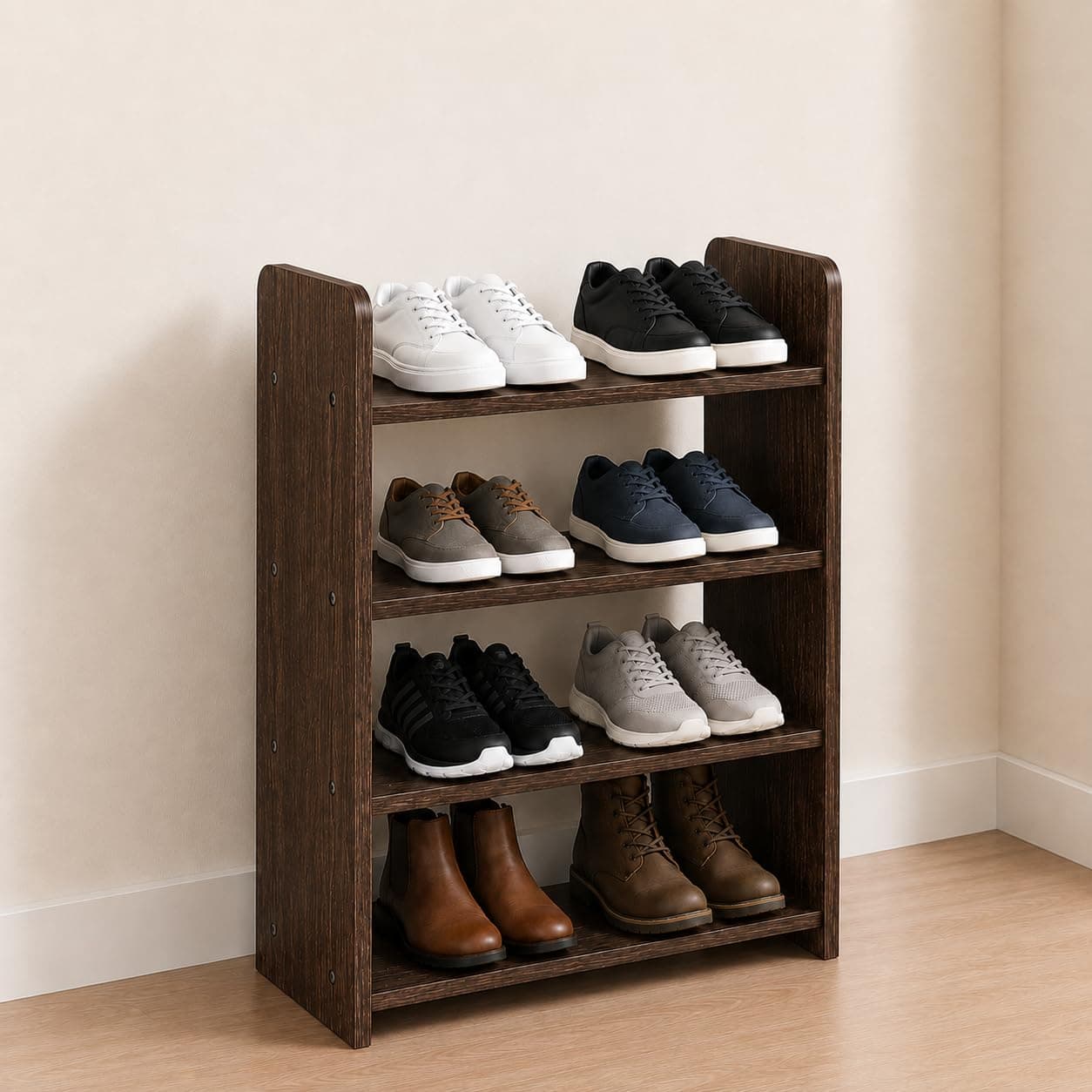 flux 4-Tier Wooden Shoe Rack, Medium Size, Particleboard with Laminate Finish, Freestanding Storage Shelf for Home, Living Room, Kitchen, or Office, 50x20x60 cm, Brown