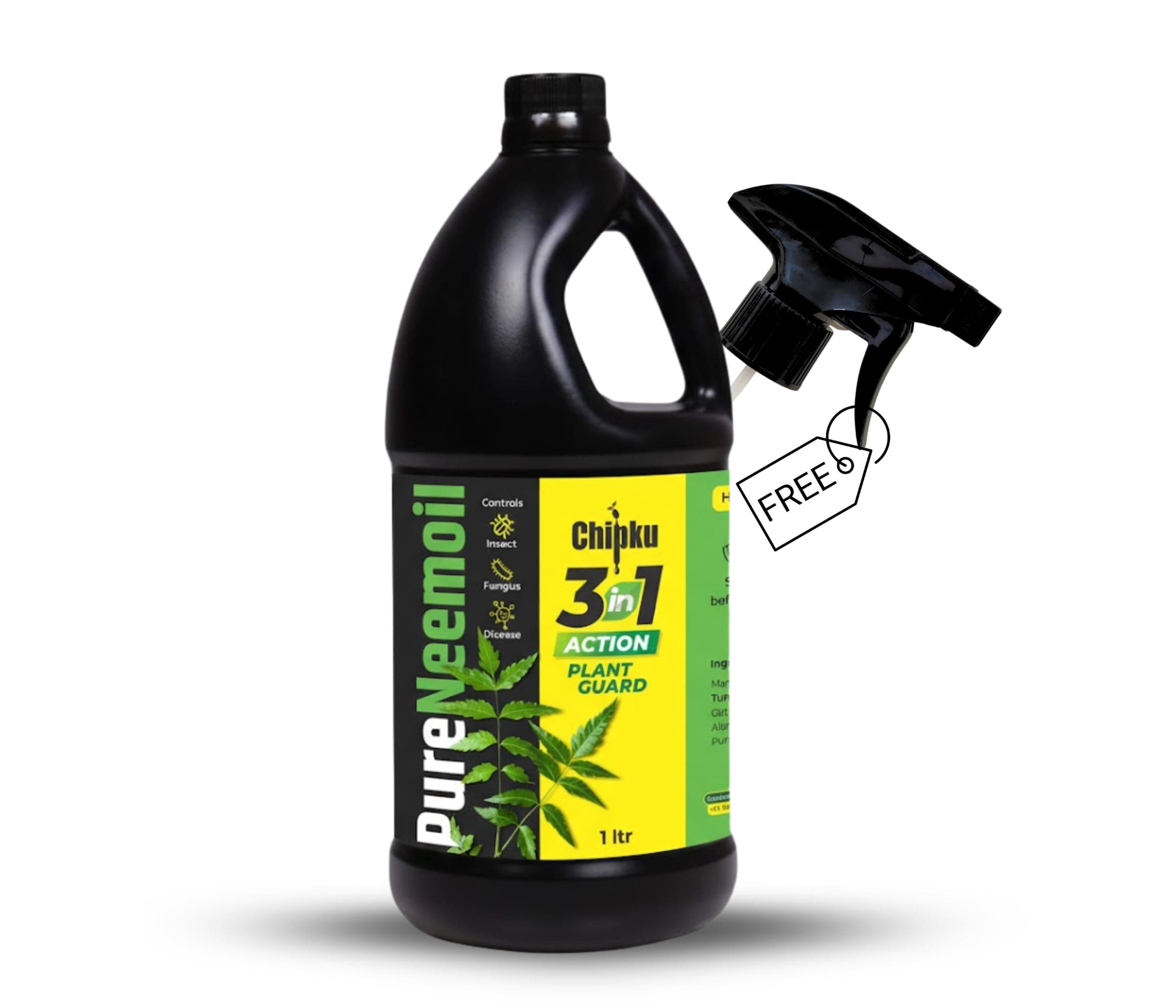 Chipku Organic Neem Oil for Plants 1 ltr With Free Spray Gun Concentrate Cold Pressed Water Soluble Formula for Garden & Home Plants For Making 200 Neem Spray Bottles