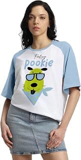 JUNEBERRY 100% Pure Cotton Oversized Loose Baggy Fit Drop Shoulder Half Sleeve Round Neck Cool Front Teddy Printed Cork & White T-Shirt for Women/Girls (Available in from S to 2XL)